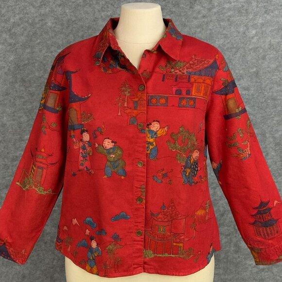 Chicos Womens size 12 Chicos size 2 Red Asian-Inspired Print Button-Up Shirt - Picture 1 of 8